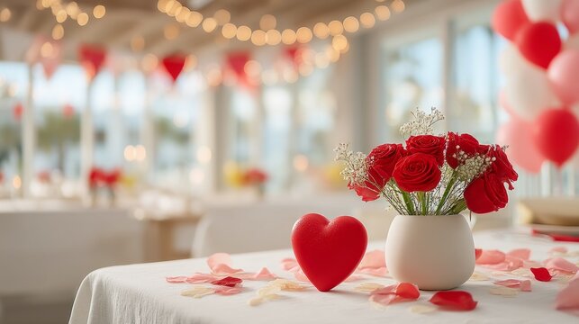 Romantic private dining setup with roses and heart decorations
