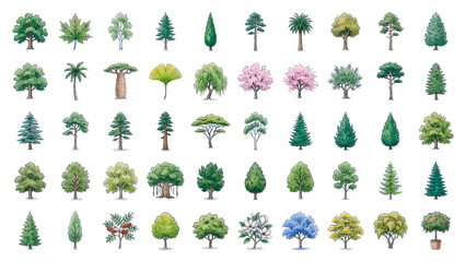 Fototapeta premium Botanical Tree Illustration Pack for Ecology Education, Nature Mapping and Garden Design Watercolor Vector Icons