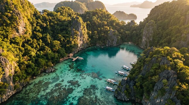 Tropical lagoon with turquoise water and limestone cliffs in a serene travel destination.