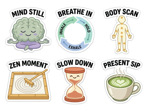 Mindfulness Meditation Sticker Set Breathing Present Moment Calm Zen Wellness Gen Z Millennial