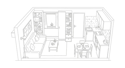 Fototapeta premium Isometric line drawing of a modern studio apartment layout. Small living space with kitchen, dining area, and furniture plan illustration.