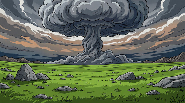 Dramatic cartoon mushroom cloud explosion over a green grassy field