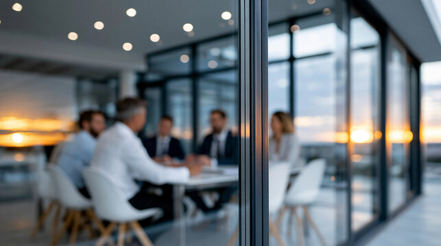 Team collaboration session in a contemporary glass conference room, view from outside through a transparent wall with gentle reflections and soft bokeh light streaks, five colleagu