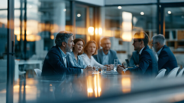 Cross-functional team meeting inside a modern glass boardroom, photographed from outside through a transparent wall with gentle reflections and soft light halos, six business peopl