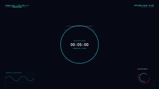 Futuristic digital HUD dashboard interface displaying time management analytics, productivity flow data, and real-time engine optimization metrics on a dark background.