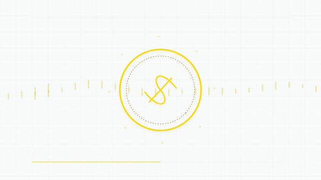 Yellow dollar icon spinning on financial chart background. Abstract animation featuring currency symbol, trade data graph, and business growth concept for digital market trading and finance.