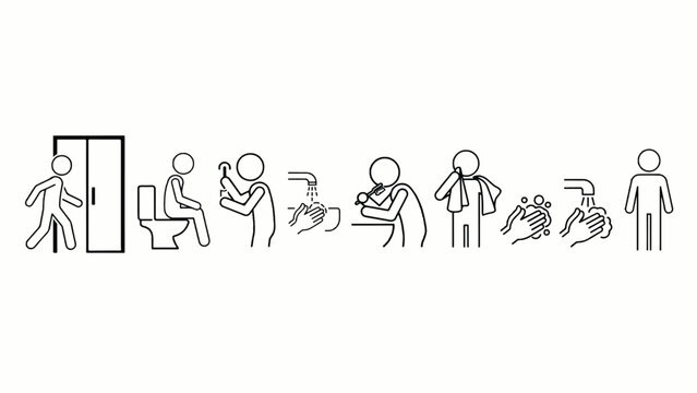 Stick figures demonstrating proper hand washing technique in bathroom  eight steps