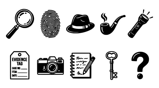 Detective Mystery Icons Collection Featuring a Magnifying Glass, Fingerprint, Hat, Pipe, Flashlight, Evidence Tag, Camera, Noteboo