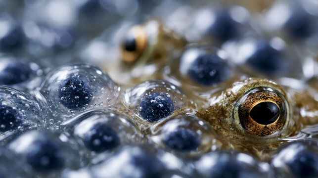 Frog spawn mass floating in freshwater pond, rana temporaria or bufo bufo gelatinous egg matrix macro, individual embryo visible within translucent jelly capsule at gastrulation st