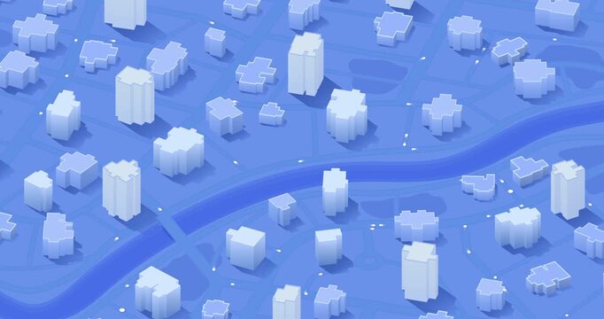 Animation with Moving Traffic Dots in Isometric 3D City Map with White Buildings on Blue Background and River Flowing Through Urban Grid Layout