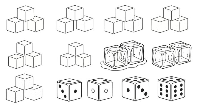 A collection of various geometric cube shapes and game dice illustrations