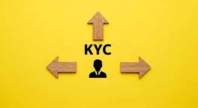 KYC Know Your Customer business concept, wooden arrows pointing to client icon on yellow background, banking compliance and identity verification
