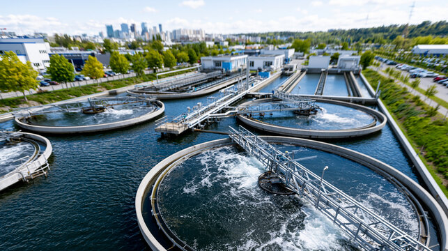 Wastewater treatment Modern wastewater treatment plant with circular clarifiers, aeration tanks, blue water, green landscape and city skyline in background, clean environmental tec