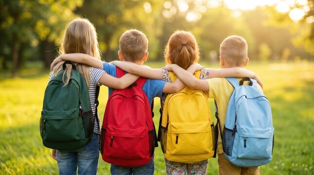 Four children with backpacks walk away in a sunny park, arms around each other&rsquo;s shoulders; red, yellow, green, and blue bags glow in warm light
