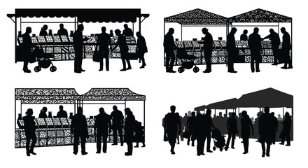 Obraz premium Market stall silhouettes with people vector illustration on white background