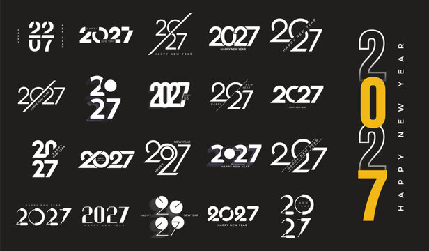2027 Happy New Year Typography Logo Collection with Modern Minimal Number Designs, Creative Black and White Vector Style Set for Calendar, Greeting Card and Branding