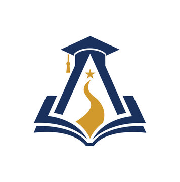 Professional academy logo with graduation cap, open book, and path.