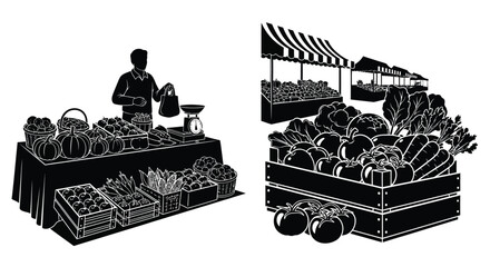 Naklejka premium Farmers market stall silhouettes On White Background Produce And Vendor