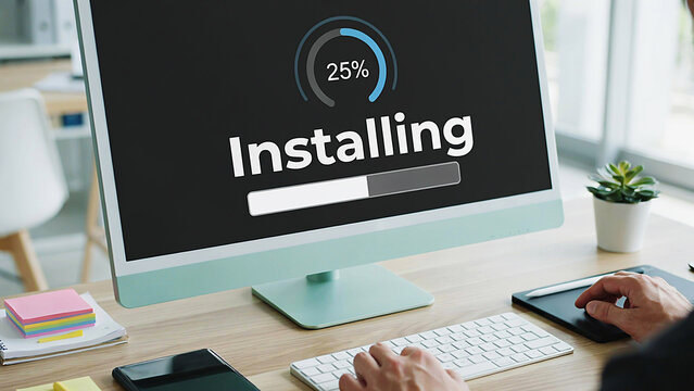 Person using a desktop computer showing a software installation progress bar loading on the screen in a modern office setting