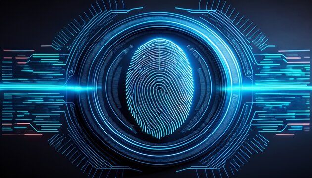 digital fingerprint scan on glowing futuristic hud screen