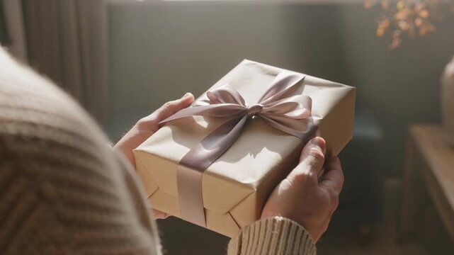 Warm Close Up of Hands Holding a Thoughtfully Wrapped Gift Box, Symbolizing Generosity and Appreciation