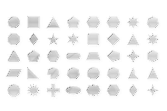 Glossy silver 3D geometric shapes collection, metallic premium button set with bevel effect. Abstract geometric icons for UI design, web interface buttons, marketing banners