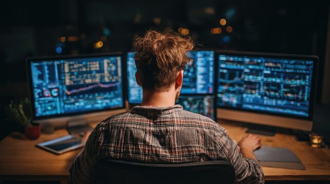 Programmer coding on multiple monitors in dark office setting.