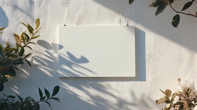 Blank white horizontal poster mockup on wall with natural leaf shadows