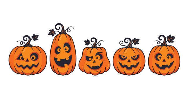 Five carved Halloween pumpkins with spooky faces and glowing eyes arranged in a row on a white background