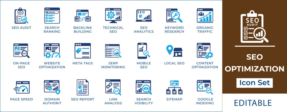 SEO optimization icon set featuring web audit checklist, search engine ranking analytics, link building, keyword research, local seo store location, and page speed symbols.