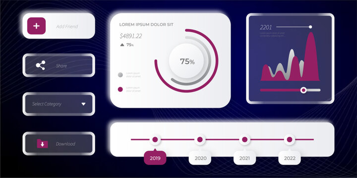 Futuristic UI Elements: A collection of sleek, modern digital interface elements including buttons, charts, and a timeline, displayed against a dark, abstract background.