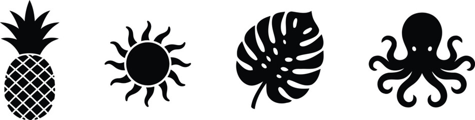 Tropical icons with pineapple sun monstera leaf and octopus © Jubayer