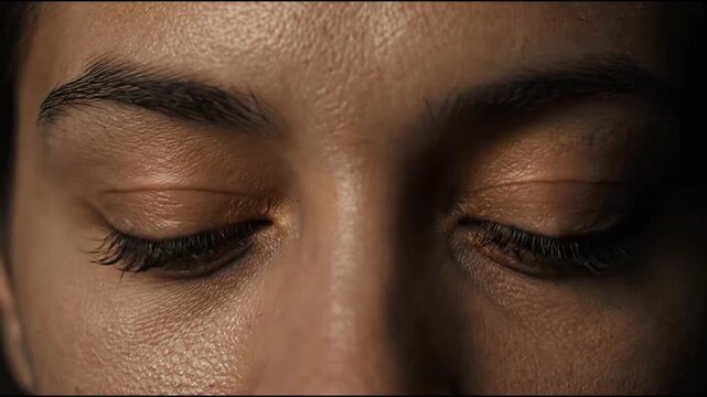 Extreme close up of amber glowing eyes on human face