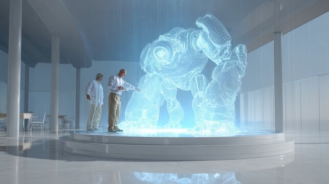 Researchers analyzing large glowing blue robot hologram in lab.