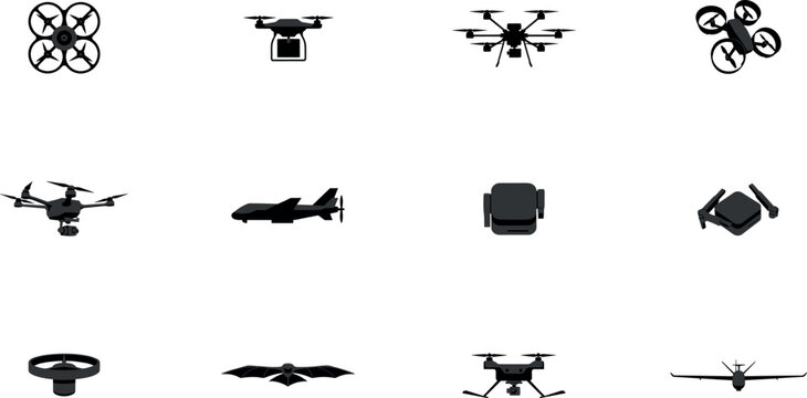 Drone and Unmanned Aerial Vehicle Silhouette Icon Set Featuring Quadcopters, Fixed Wing Aircraft, Delivery Drones, and Remote Surveillance Technology Graphics