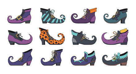 Obraz premium Collection of colorful witch boots and elf shoes with curly toes and various patterns for Halloween celebration.