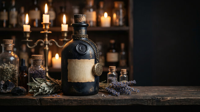 Gothic witch apothecary black potion bottle with blank label gold locket chain on rustic wooden table with candles herbs and glass bottles