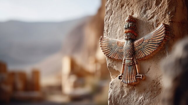 Ancient Faravahar Symbol Carved on Stone with Scenic Mountain Background