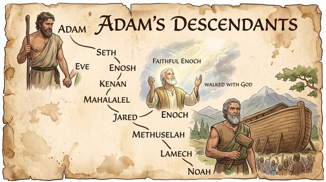 Biblical genealogy of adam and his descendants including enoch and noah on an ancient parchment background
