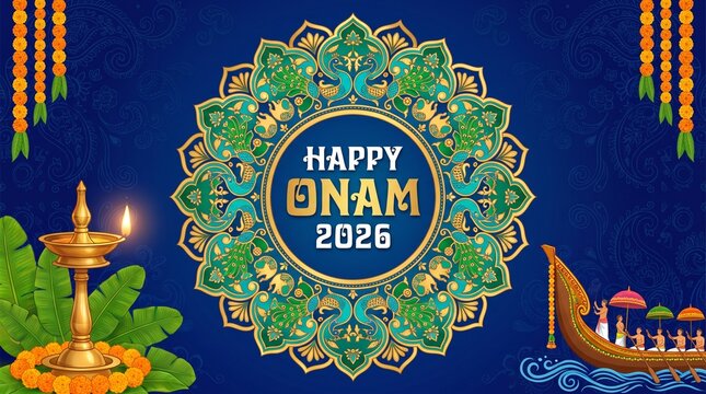 Onam festival elegant poster with mandala snake boat diya lamp and floral frame