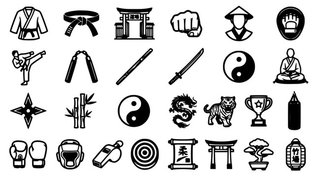 Martial Arts Icon Set with Traditional Symbols, Weapons, Poses, Belts, Weapons, and Trophies for Fitness and Combat Concepts
