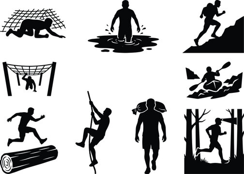 Collection of extreme obstacle course race silhouettes featuring athletes running climbing and training vectors set