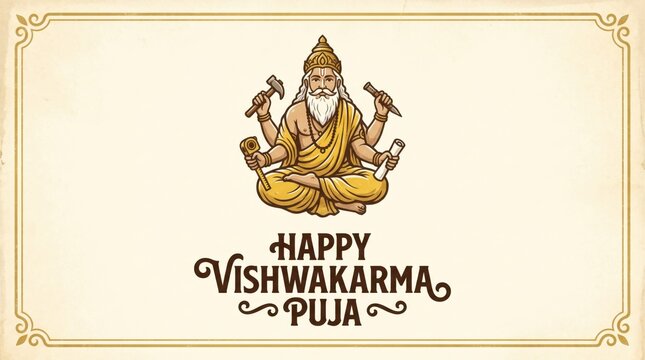 Hindu deity illustration, Happy Vishwakarma Puja celebration