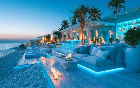Modern Beach Club at Sunset Transitioning to Night with Vibrant Lighting
