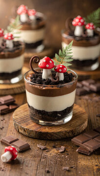 A Layered Cream and Chocolate Dessert Decorated with Fantasy Mushrooms and Fern Leaves