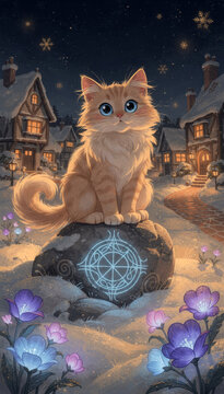 A Magical Orange Cat Sitting Above a Glowing Rune in a Snowy Fantasy Village