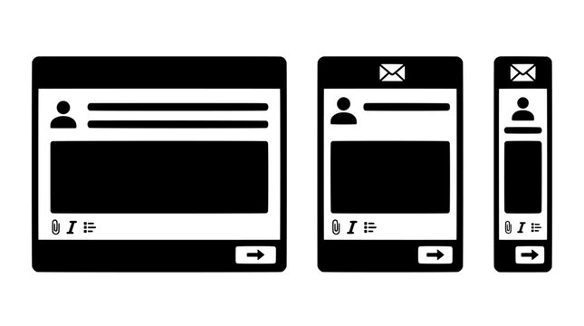 Set of responsive email template wireframe icons with user profile, message attachment, and call to action button