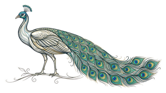 Elegant peacock with intricate feather details standing gracefully isolated on transparent background, Vector, illustration one line silhouette vector bird image editable See Less