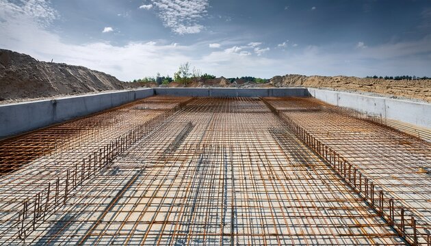 concrete building foundation with steel rebar grid