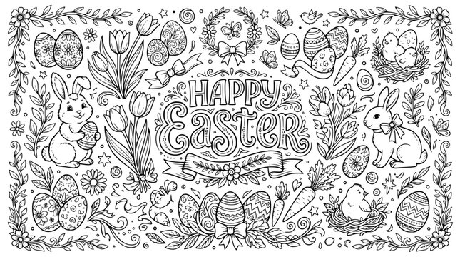 Happy Easter vintage coloring page banner template with cute rabbits tulips decorated eggs nest chick and spring floral border